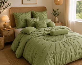 Juego de funda nórdica Boho Tufted Sun / Ropa de cama de algodón texturizado / Algodón verde salvia beige