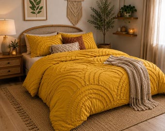 Juego de funda nórdica de algodón con textura aterciopelada en color amarillo mostaza, ropa de cama con textura de arco estilo bohemio