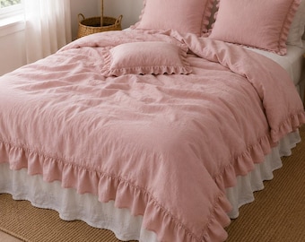 Blush Pink Ruffled Linen Duvet Cover Set, Softened Quilt Cover, Rustic Farmhouse Bedding