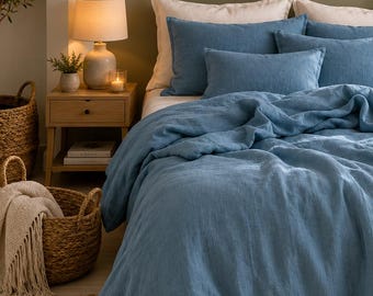 Washed Linen Duvet Cover Set | Dusty Blue Boho Farmhouse Bedding