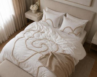 Juego de funda nórdica de algodón con textura, ropa de cama con textura de arco estilo bohemio, funda de edredón blanco mostaza.