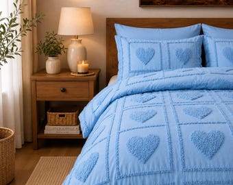Juego de funda nórdica azul claro con diseño de corazón acolchado, 100 % algodón, ropa de cama acogedora de estilo rústico.
