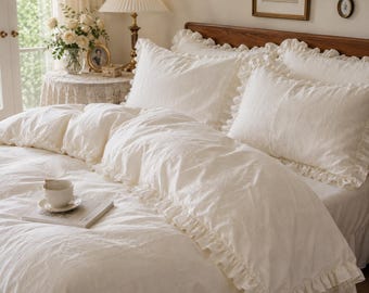 Ruffled White Cotton Percale Duvet Cover | Romantic Shabby Chic Bedding | Ruffled Pillow Shams