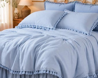 100% Cotton Tassel Duvet Cover Set, Boho Farmhouse Bedding, Lite Blue Queen King
