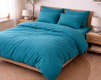 Conjunto de capa de edredom em algodão verde-azulado sólido, com fecho de zíper, roupa de cama respirável.