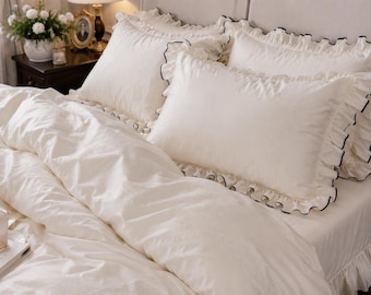 Ivory Linen Ruffle Bedding Set, Boho Farmhouse Duvet Cover, Textured Pillow Shams