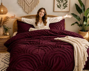 Juego de funda nórdica de algodón con textura a cuadros color vino, ropa de cama estilo boho con textura de arco, edredón burdeos elegante
