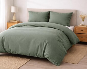 Pastel Sage Green Linen Duvet Cover Set | Boho Cottagecore Bedding, Minimalist Style, Zipper Closure