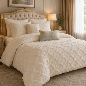 Pode incluir: Um conjunto de roupa de cama cor de creme com um padrão festonado texturizado na capa de edredão e fronhas a condizer. O conjunto inclui uma pequena almofada quadrada com um design de coral e uma almofada retangular com padrão azul e branco.