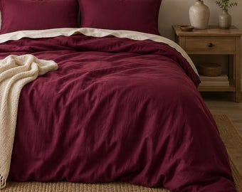 Washed Linen Duvet Cover Set, Wine Red Bedding, Stonewashed Pillow Shams