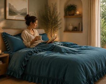 Ruffled Linen Duvet Cover Set, Stonewashed Moss Green Bedding, Boho Farmhouse Style Quilt Cover