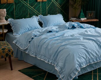 100% Cotton Light blue | Azure Ruffle Bedding Set, Duvet Cover & Pillowcases, Twin Full Queen King, Custom Sizes