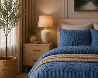 Juego de funda nórdica de algodón con textura en azul marino mostaza, ropa de cama con estampado de arco estilo bohemio