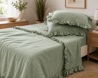 Sage Green Ruffled Linen Bedding Set, 3pc Cottagecore Boho Duvet Cover