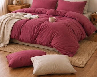 Juego de funda nórdica rosa empolvado, ropa de cama con aspecto de lino, ropa de cama suave y minimalista, decoración de dormitorio boho, funda de edredón en tonos tierra