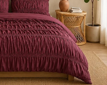 Burgundy Muslin Duvet Cover Set with Pillowcases, 4 Layer Cotton Gauze Bedding, Wine Red Comforter Cover, Soft Breathable Bed Set, Boho Chic