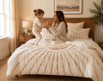 Boho Sunburst Tufted Cotton Duvet Cover Set – Textured Cream Bedding, Queen King
