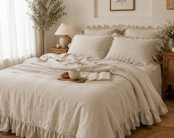 Ruffled Linen Duvet Cover Set – Shabby Chic Organic Bedding