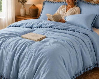 100% Cotton Tassel Duvet Cover Set, Boho Farmhouse Bedding, Lite Blue Queen King