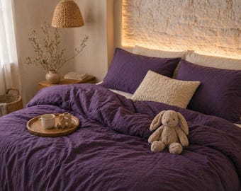 Set copripiumino in cotone lavato color prugna – Biancheria da letto minimalista in stile boho, arredamento accogliente per la camera da letto.