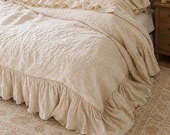 Cream Linen Duvet Cover with Ruffles | Shabby Chic Bedding Set