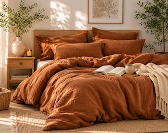Rust Brown Linen Duvet Cover Set, Washed European Flax Bedding, Boho Textured Style