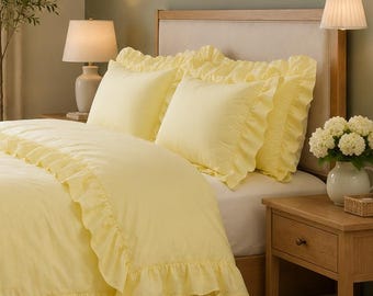 Washed Linen Ruffled Duvet Cover Set, Butter Yellow Cottagecore Bedding