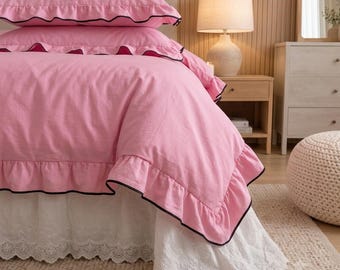 Pink Ruffle Bedding Set, Cotton Duvet Cover, Fitted Sheet & Pillowcases, Twin Full Queen King, Custom Sizes