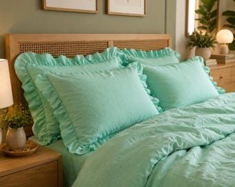 Mint Green Ruffled Linen Duvet Cover Set | Soft Washed Cotton Farmhouse Bedding