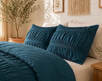 Teal Blue Wrinkled Cotton Duvet Cover Set, Farmhouse Boho Bedding, Soft Cozy Bedspread