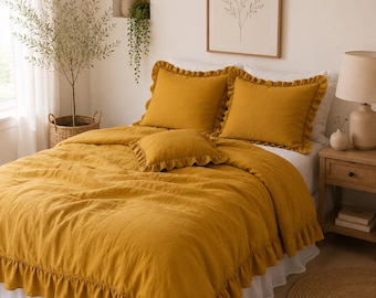 Mustard Yellow Ruffled Linen Duvet Cover Set, Softened Quilt Cover, Boho Farmhouse Bedding