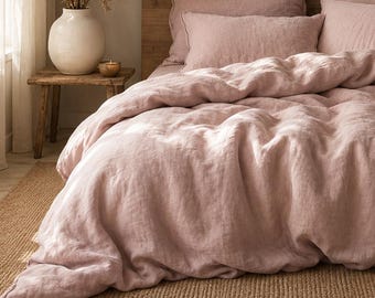 Dusty Pink Linen Duvet Cover Set, Stonewashed European Flax Bedding, Boho Minimalist Bedroom Decor