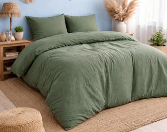 Olive Green Bedding – Wrinkled Linen Style Duvet Cover, Relaxed Modern Home Decor