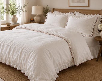 100% Cotton Ruffled Duvet Cover Set, White Textured Bedding, Cottagecore Pillow Shams