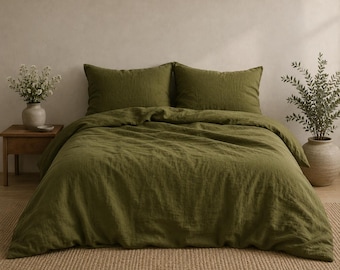 Juego de ropa de cama de lino verde musgo: 3 piezas, funda nórdica con fundas de almohada.
