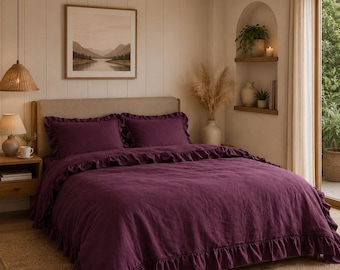 Ruffled Linen Duvet Cover Set, Stonewashed Bedding Ruffles Comforter Cover Donna King Duvet Set pillow Quilt Cover, King Queen Bedding Set
