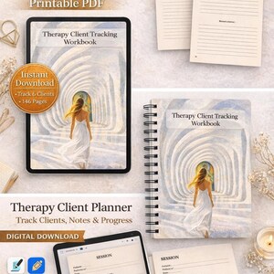 Peut inclure: Téléchargement numérique d'un cahier et d'un planificateur de suivi des clients en thérapie. L'image montre un cahier à spirales, une tablette et des pages volantes avec des modèles de dossiers de patients et de séances. Le cahier présente une femme en robe blanche.