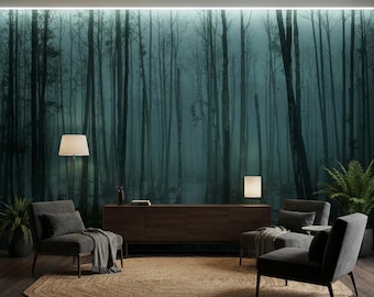 Dark Misty Forest Wallpaper, Moody Woodland Peel and Stick Wall Art, Foggy Tree Landscape Wallpaper, Dramatic Nature Wall Decor