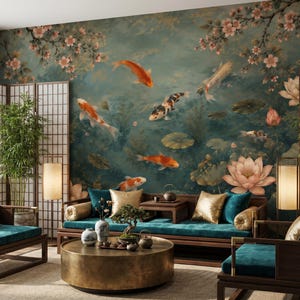 May include: A room featuring a large wall mural of orange and white koi fish swimming in a pond with pink lotus flowers and cherry blossoms. The furniture includes dark wood frames with teal cushions, gold pillows, and a round brass coffee table.