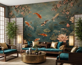 Koi Pond Themed Wallpaper, Japanese Lotus Design Wall Art, Oriental Nature Peel and Stick Wall Art, Zen Interior Wall Decor