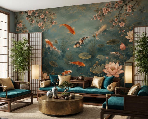 Koi Pond Themed Wallpaper, Japanese Lotus Design Wall Art, Oriental Nature Peel and Stick Wall Art, Zen Interior Wall Decor