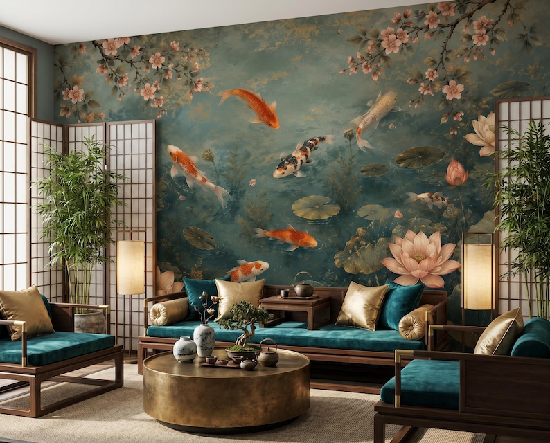 Japanese koi fish wallpaper mural featuring elegant lotus flowers, cherry blossoms and a tranquil pond. Peel and stick wallpaper for living rooms, bedrooms and peaceful Zen-inspired interiors.