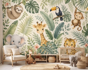 Safari-themabehang voor de kinderkamer, schattige jungledieren als wanddecoratie, muurschildering met babydieren, zelfklevende muurschildering voor de kinderkamer