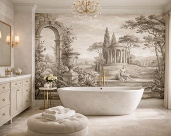 Tapeta z motywem ogrodu helenistycznego | Sztuka ścienna z rzymskim krajobrazem | Luksusowa dekoracja ścienna do łazienki w stylu spa | Elegancka tapeta z motywem grecko-rzymskim