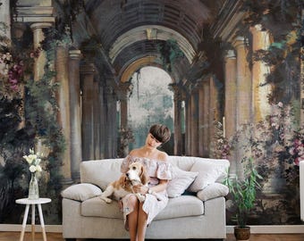 Tapeta Romantyczna Kolumnada Ogrodowa | Sztuka Ścienna Klasyczna Architektura | Tapeta Widokowa Korytarza Pałacowego w Stylu Vintage | Luksusowy Wystrój