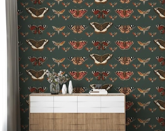 Tapeta z motywem ciemnych motyli botanicznych, nastrojowa dekoracja ścienna w stylu naturalnym, tapeta z motywem entomologii w stylu vintage do wnętrz domowych