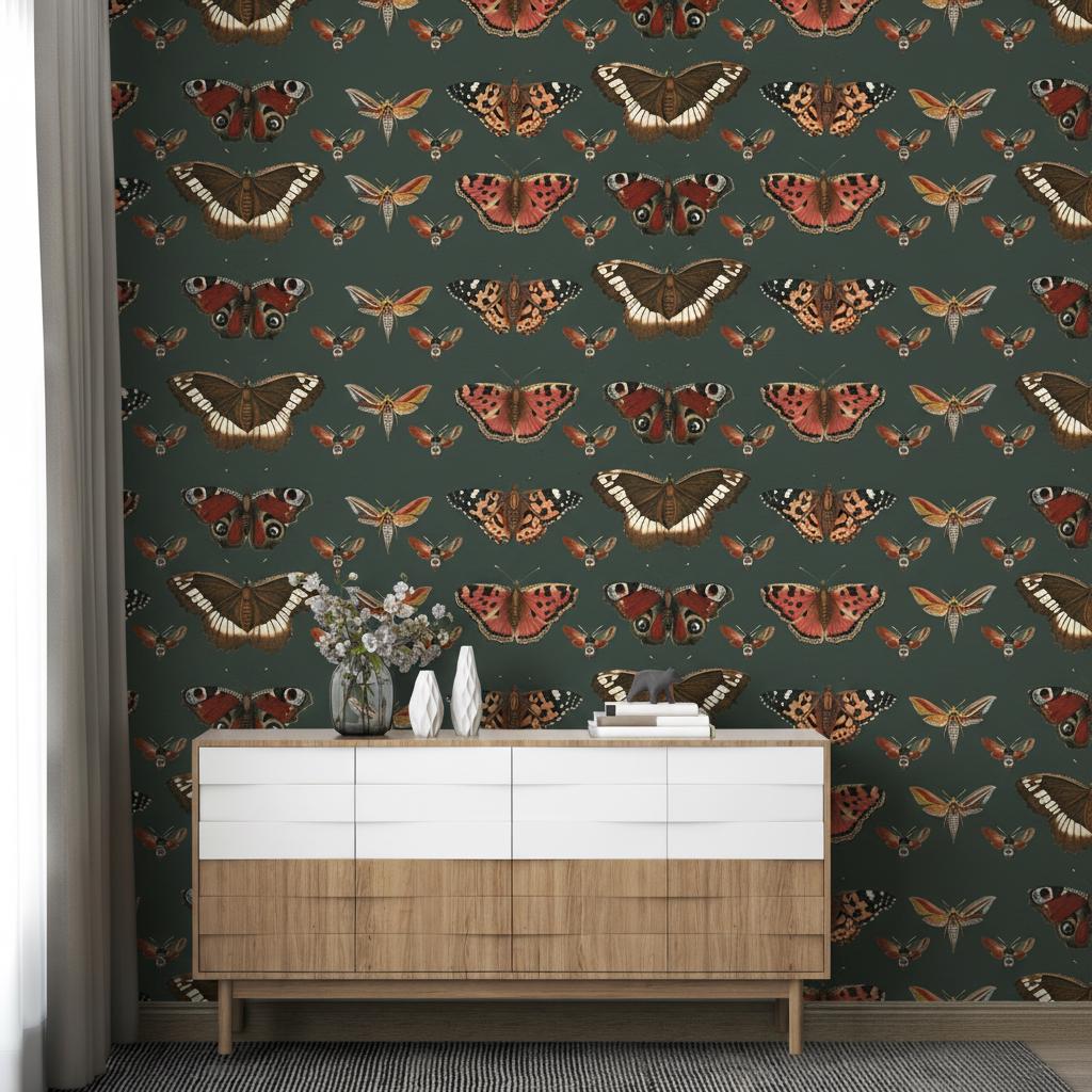 Vintage Butterfly & Moth Wallpaper, Dark Green Botanical Wall Mural ...