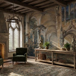 Puede incluir: Una habitación acogedora de estilo antiguo con chimenea de piedra, dos sillones verdes y una gran alfombra. Las paredes presentan un mural de un paisaje arqueado. Una mesa de madera contiene plantas y libros, y una lámpara de araña cuelga del techo de madera.