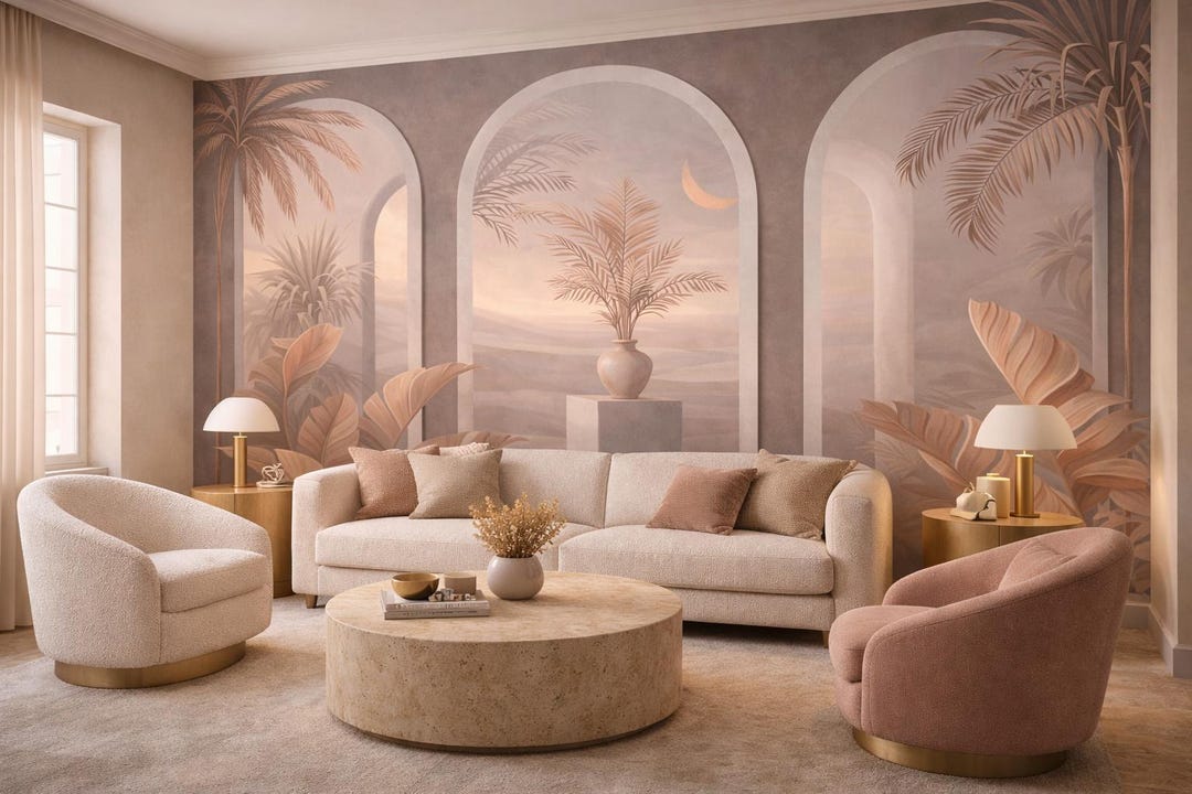 Boho Arch Landscape Wallpaper | Mediterranean Desert Sunset Peel and ...