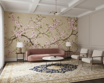Cherry Blossom Design Wallpaper | Romantic Pink Floral Chinoiserie Peel and Stick Wall Panels | Elegant Living Room Bedroom Wall Decor
